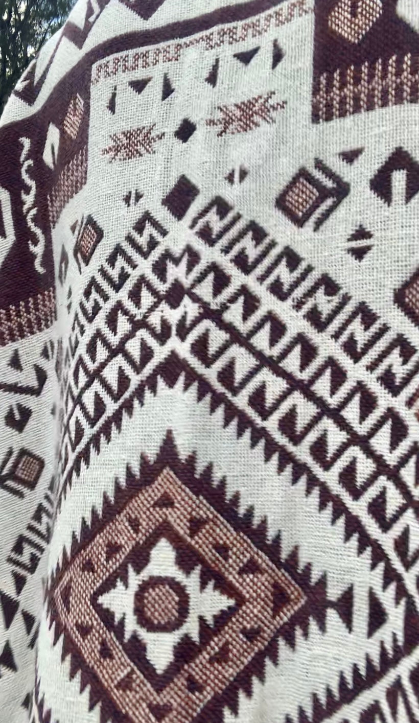 White and brown cotton long Aztec design blanket waistcoat/jackets up-cycled by Vagabond Ibiza.