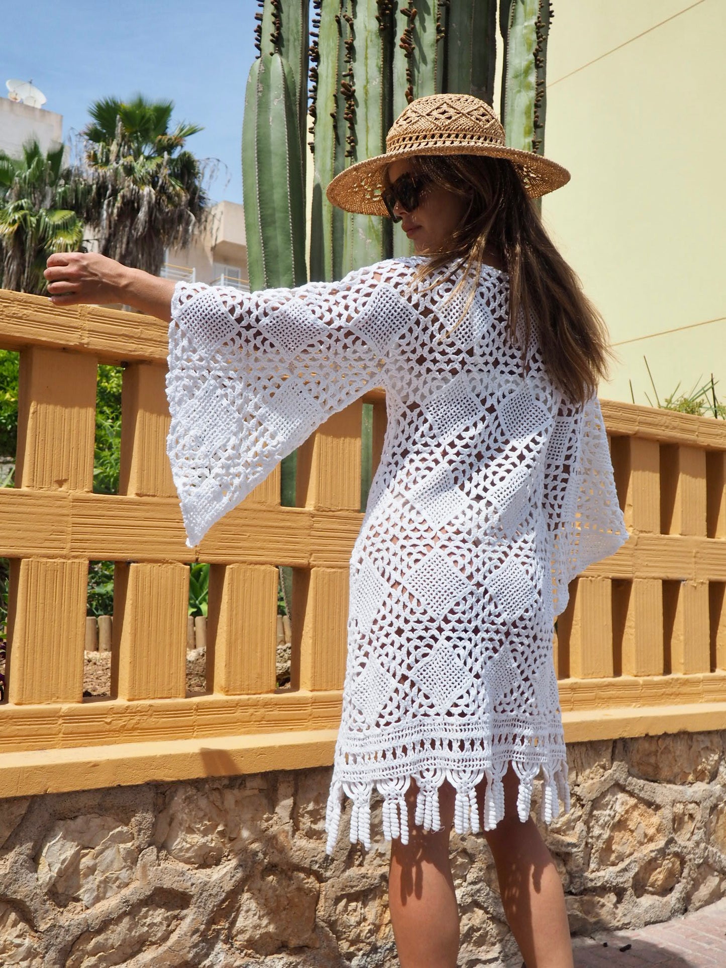 Vintage white crochet textiles up-cycled bell sleeve short dress made by Vagabond Ibiza