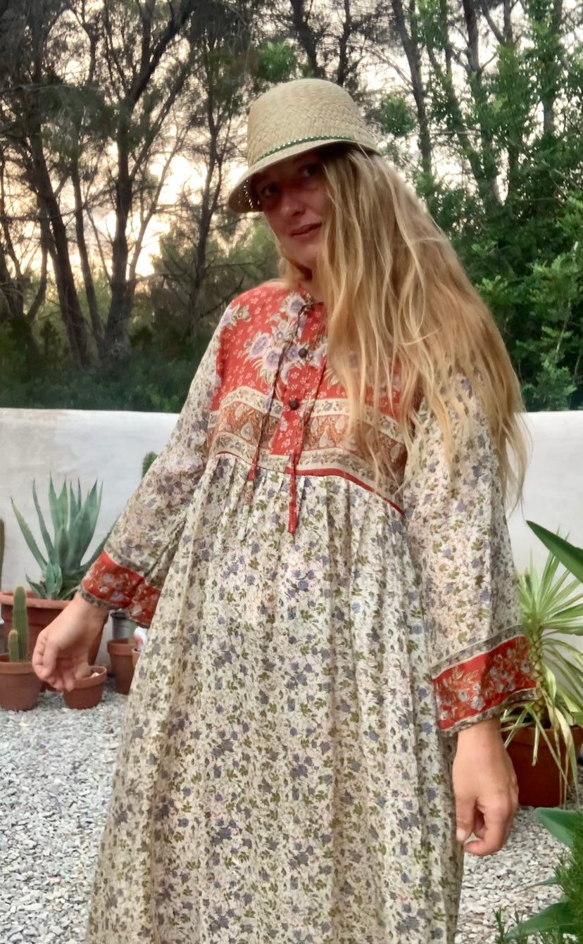 Vintage Indian sari dress cream with blue and orange floral print up-cycled by Vagabond Ibiza