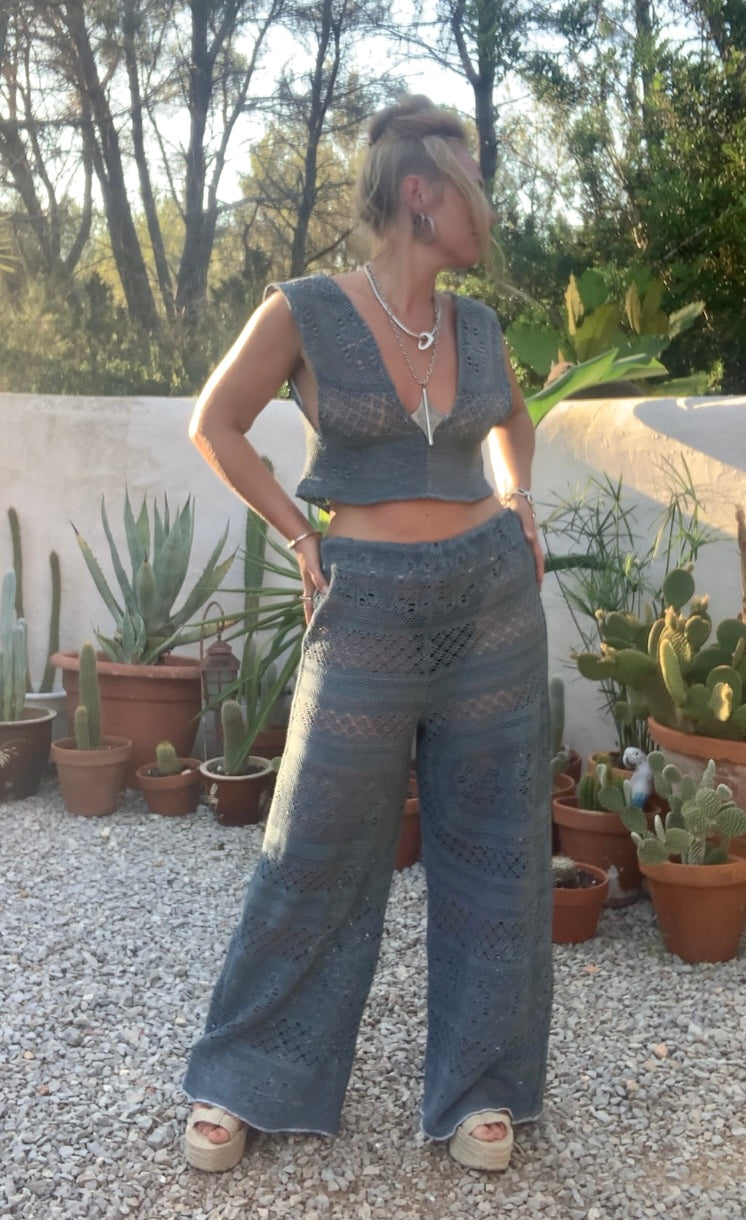 Vintage crochet textiles in gray up-cycled 2 piece set wide leg pants with elastic waists and low cut crop top with tie back