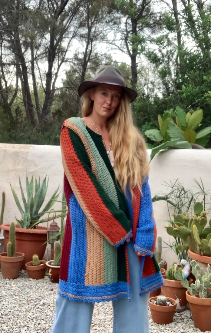 Hand made cotton and wool crochet blanket  jacket Up-cycled by Vagabond Ibiza with earthy brown green and blue striped design.