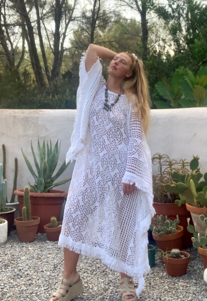 vintage white crochet long maxi dress with wide bell sleeves up-cycled by Vagabond Ibiza