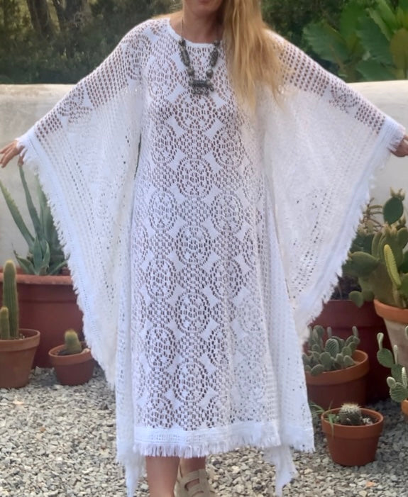 vintage white crochet long maxi dress with wide bell sleeves up-cycled by Vagabond Ibiza