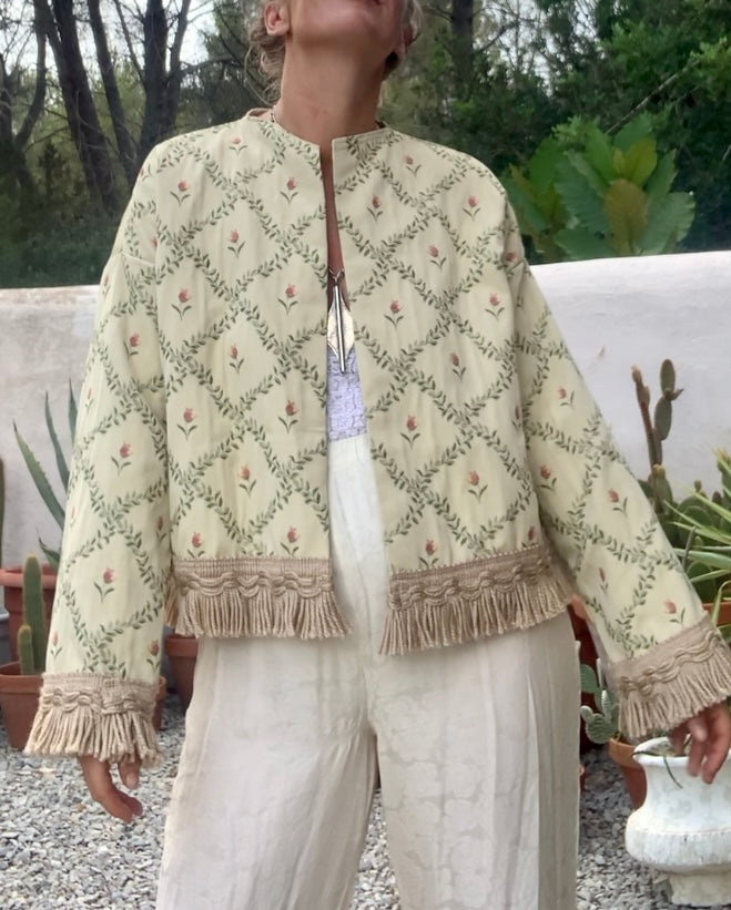 Vintage Up-cycled curtain jacket with floral detail on a woven cream fabric made by Vagabond Ibiza.