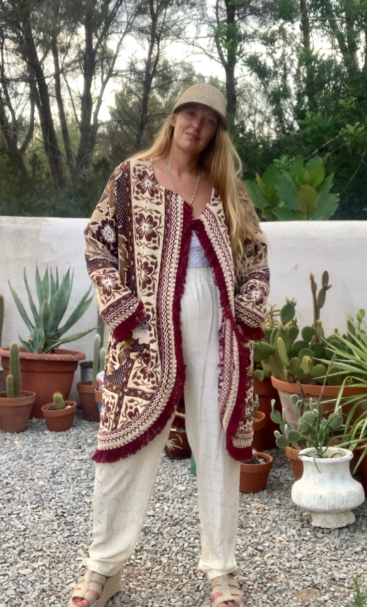 Up-cycled vintage blanket jackets by Vagabond Ibiza with a brown and cream woven outside textiles lined with patterns fleece