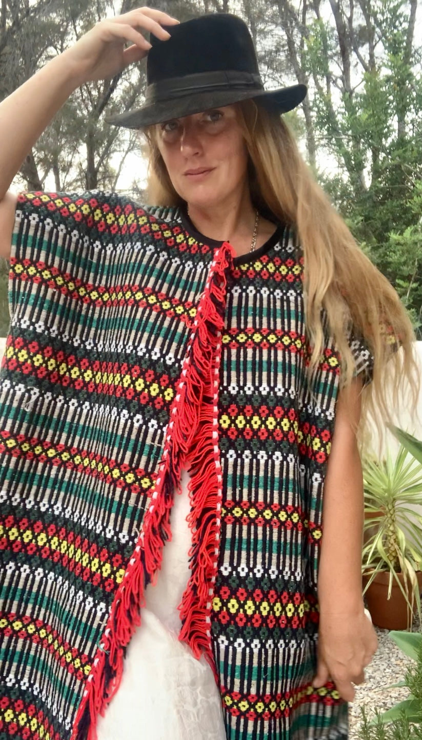 Up-cycled hand woven Morrocan textile waistcoat jacket by Vagabond Ibiza with red and black geometric design