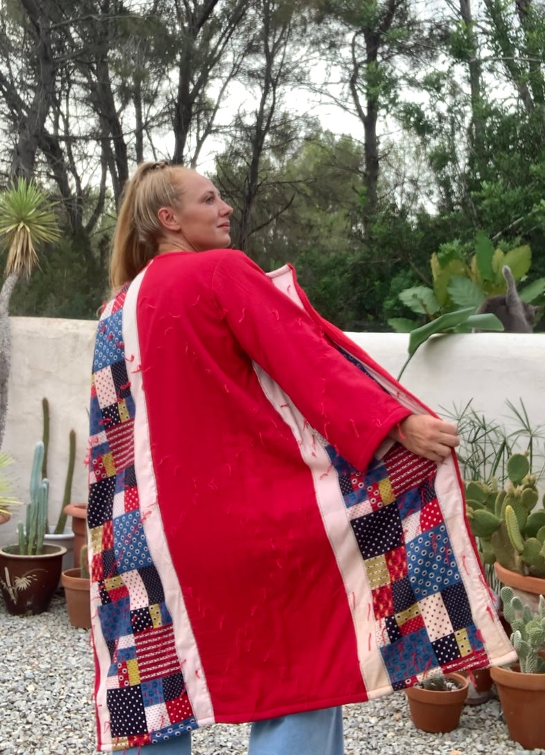 Patchwork cotton quilted blanket jacket up-cycled by Vagabond Ibiza with red and blue design.