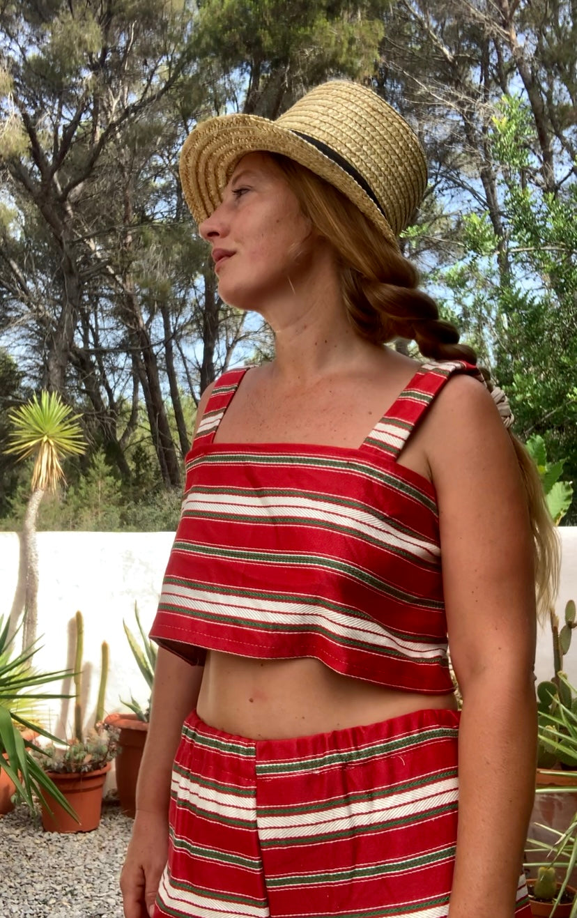 Vintage 1970’s curtain fabric with red and white striped design up-cycled 2 piece set crop top and wide leg trousers