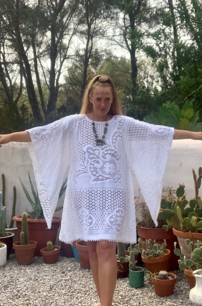 Vintage white handmade crochet lace short bell sleeve dress up-cycled by Vagabond Ibiza