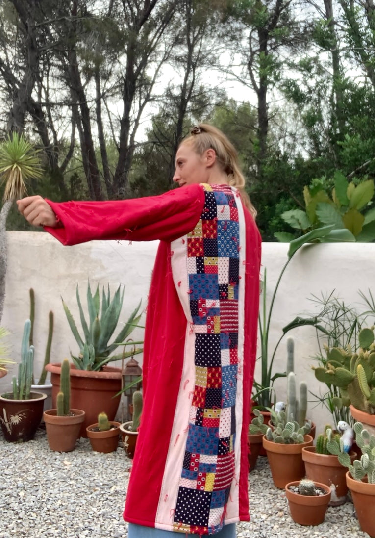 Patchwork cotton quilted blanket jacket up-cycled by Vagabond Ibiza with red and blue design.