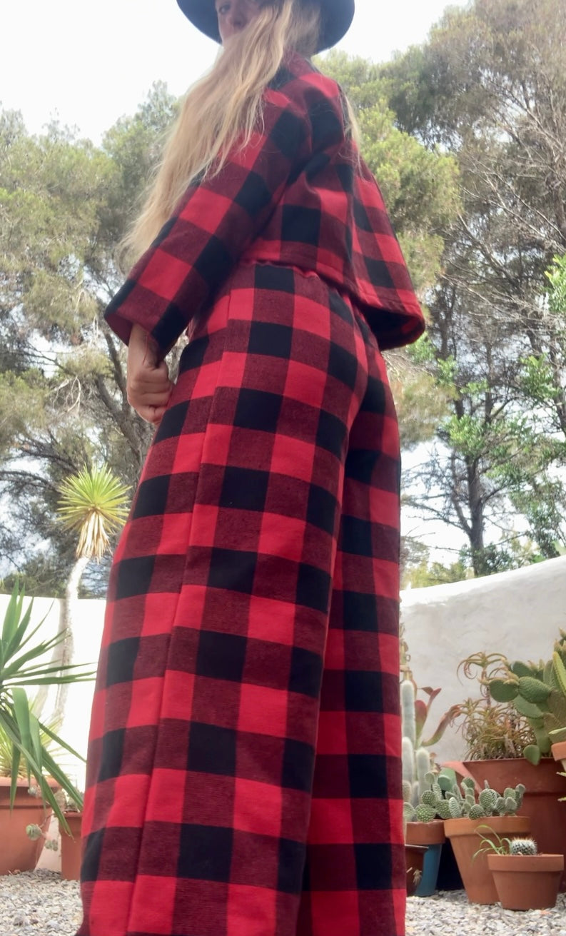 Red and black check vintage dead stock fabric Wide leg pants made by Vagabond Ibiza