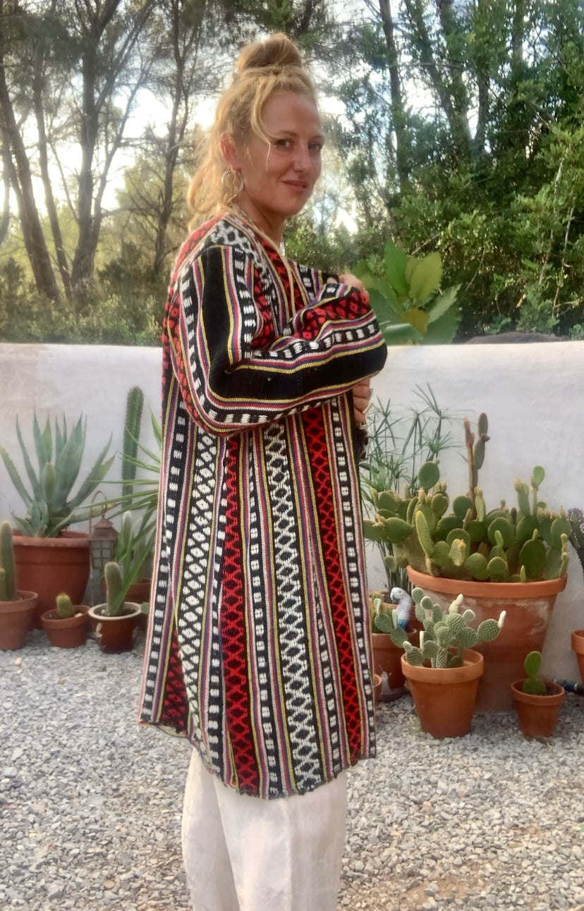 Hand woven Moroccan up-cycled blanket jacket made by Vagabond Ibiza with black white and red striped design