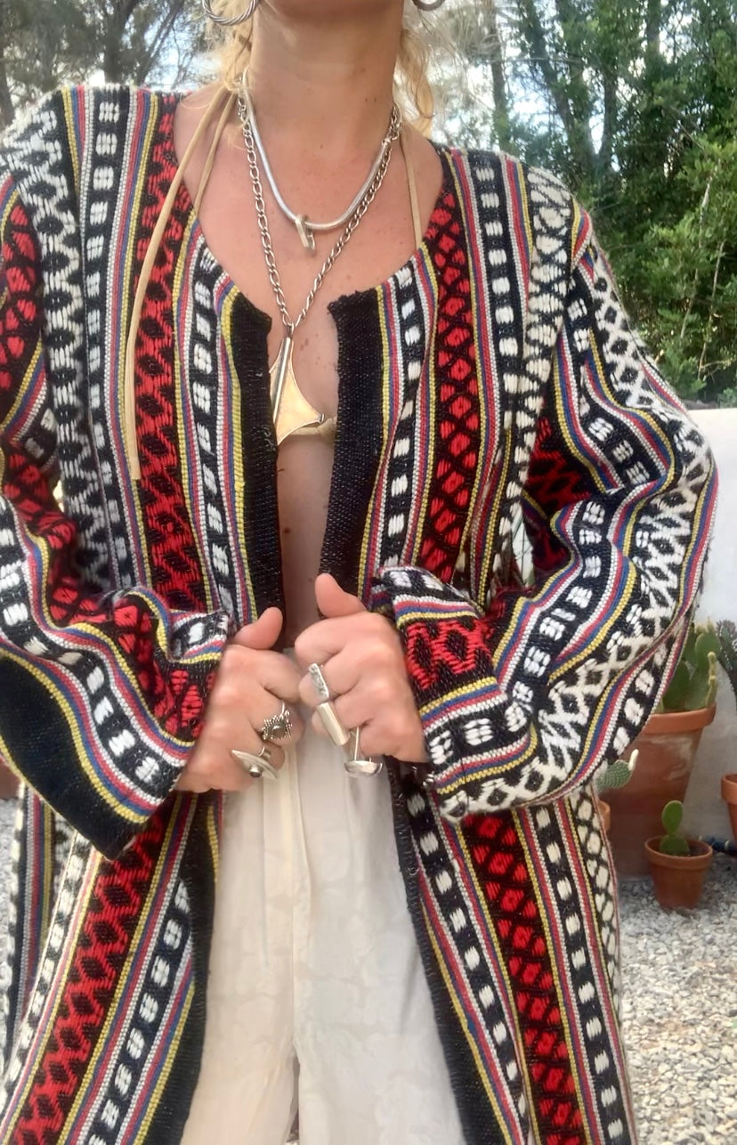 Hand woven Moroccan up-cycled blanket jacket made by Vagabond Ibiza with black white and red striped design