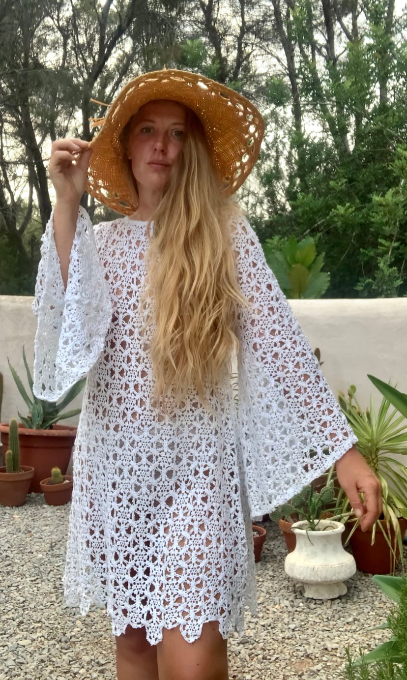 Very cool vintage white crochet oversized bell sleeve dress up-cycled by Vagabond Ibiza