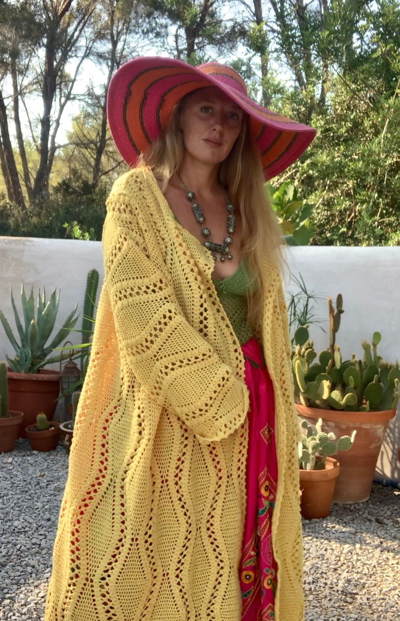 Vintage bright yellow handmade crochet blanket jacket up-cycled by Vagabond Ibiza.