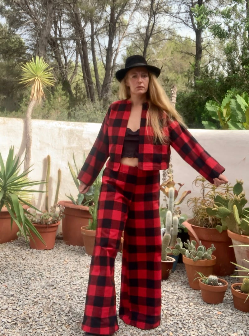 Red and black checked jacket made by Vagabond Ibiza from dead stock vintage textiles