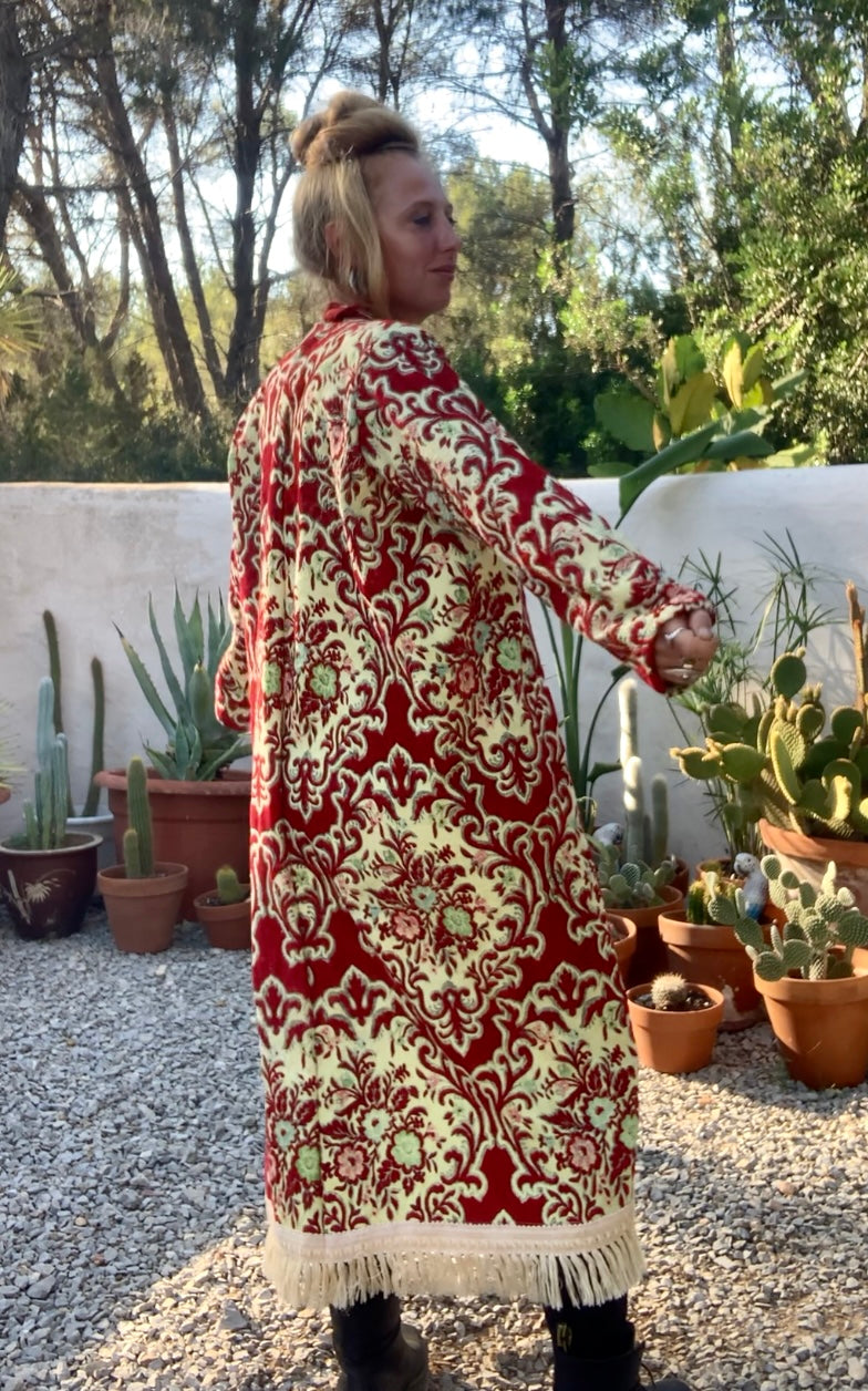 Vintage red and pastel yellow textiles with a burnet out devore Damascus pattern on the velvets pile very special textiles with tassel trim