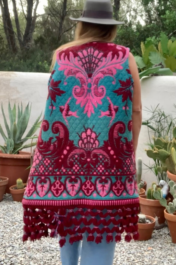 Amazing hand woven English textiles Up-cycled waistcoat jacket made by Vagabond Ibiza with bright pink and blue design and oversized tassels