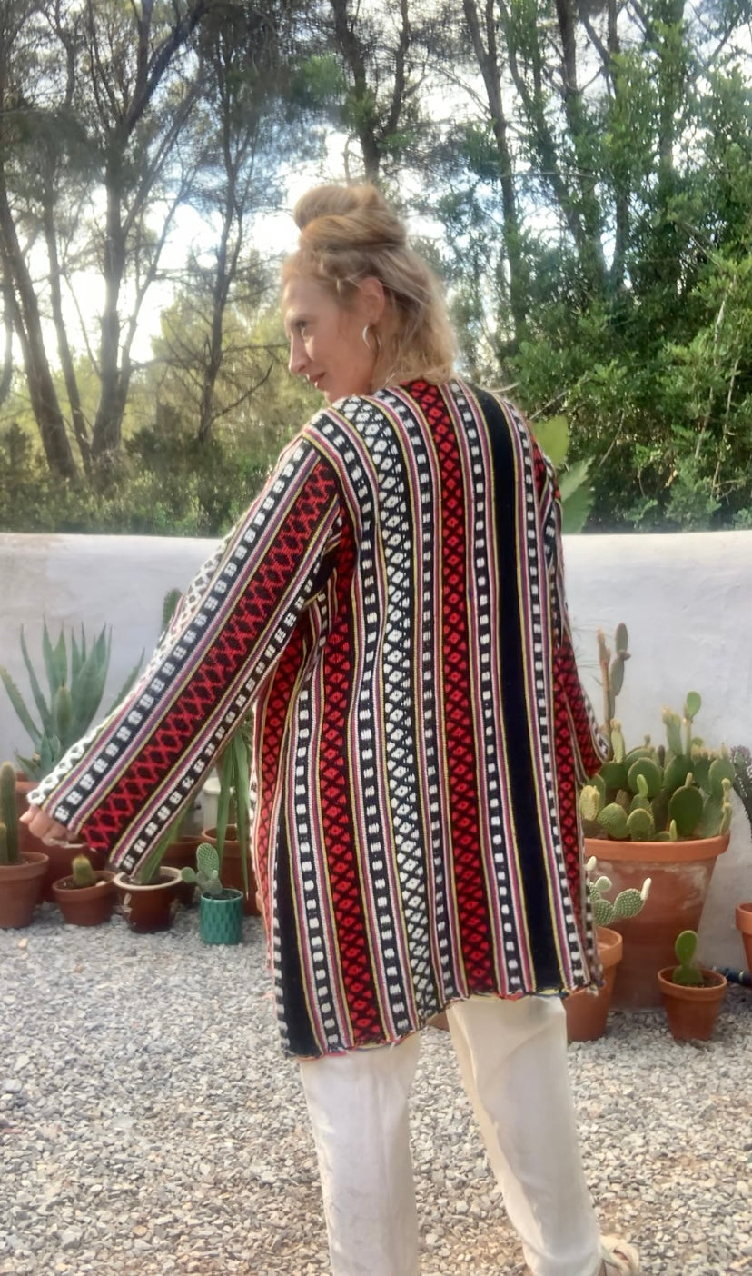 Hand woven Moroccan up-cycled blanket jacket made by Vagabond Ibiza with black white and red striped design