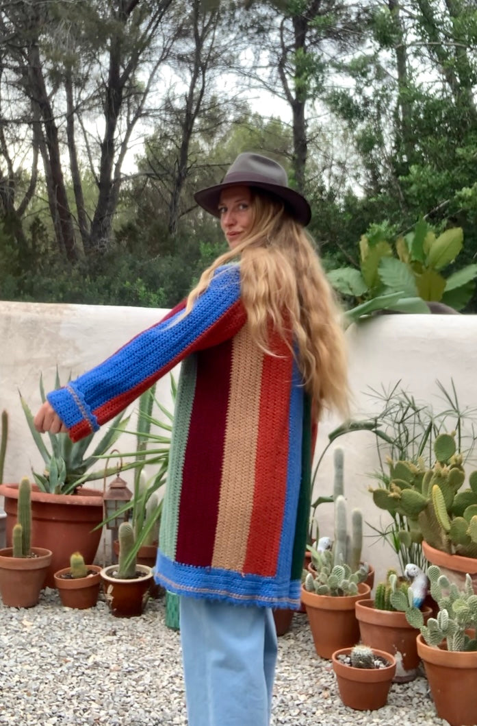 Hand made cotton and wool crochet blanket  jacket Up-cycled by Vagabond Ibiza with earthy brown green and blue striped design.