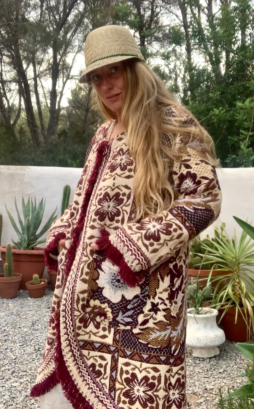 Up-cycled vintage blanket jackets by Vagabond Ibiza with a brown and cream woven outside textiles lined with patterns fleece