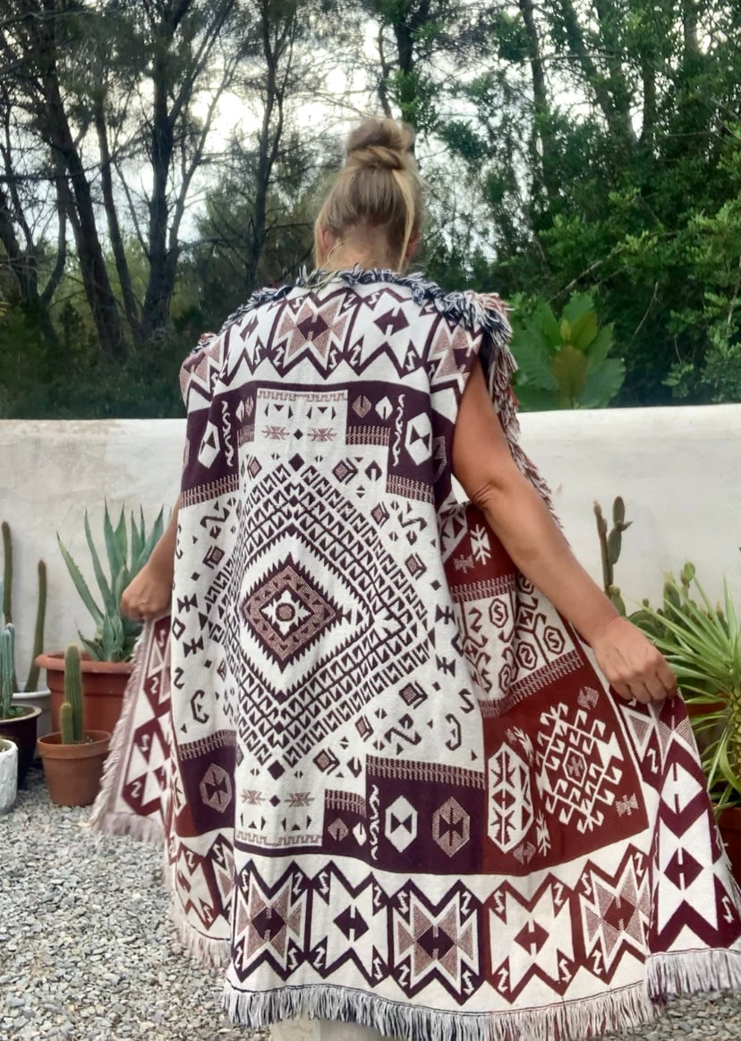 White and brown cotton long Aztec design blanket waistcoat/jackets up-cycled by Vagabond Ibiza.