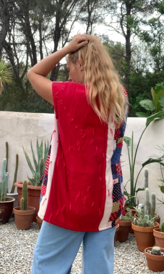 Patchwork cotton quilted blanket waistcoat jacket up-cycled by Vagabond Ibiza with red and blue design