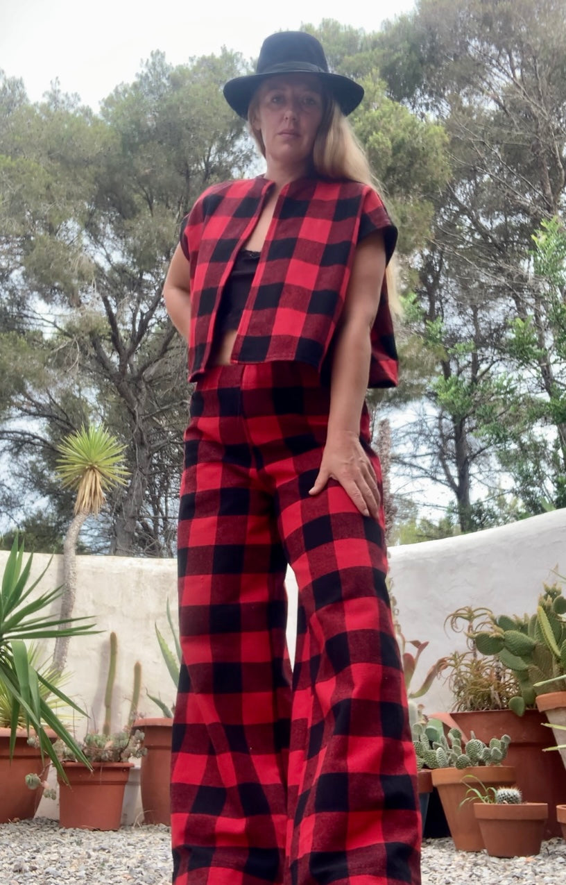 Red and black checked cropped waistcoat jacket made by Vagabond Ibiza from dead stock vintage textiles