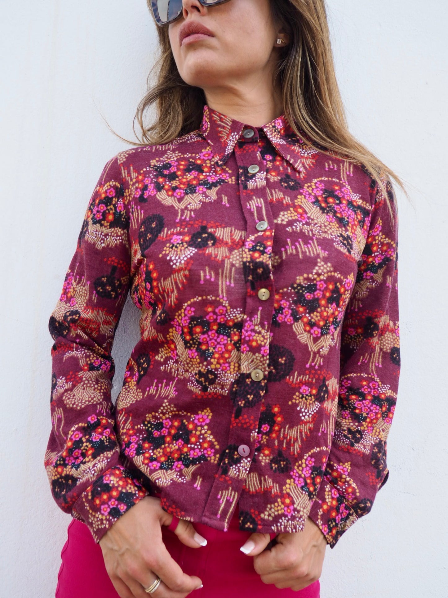 Original vintage 70’s cool printed pink and purple shirt made in man made fibres with a soft touch with oversize collars