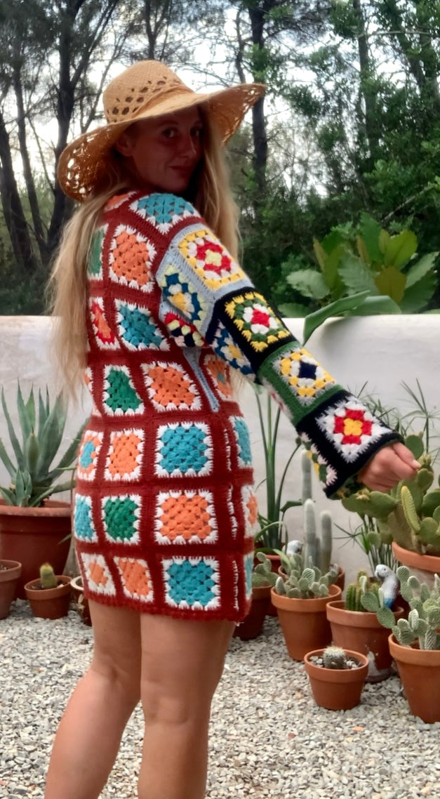 Vintage wool granny squared rainbow long sleeve shirt crochet jumper dress up-cycled by Vagabond Ibiza