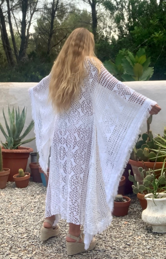 vintage white crochet long maxi dress with wide bell sleeves up-cycled by Vagabond Ibiza