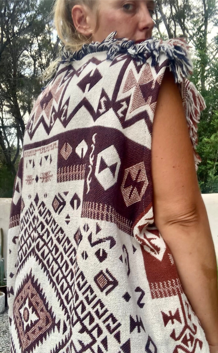 White and brown cotton long Aztec design blanket waistcoat/jackets up-cycled by Vagabond Ibiza.