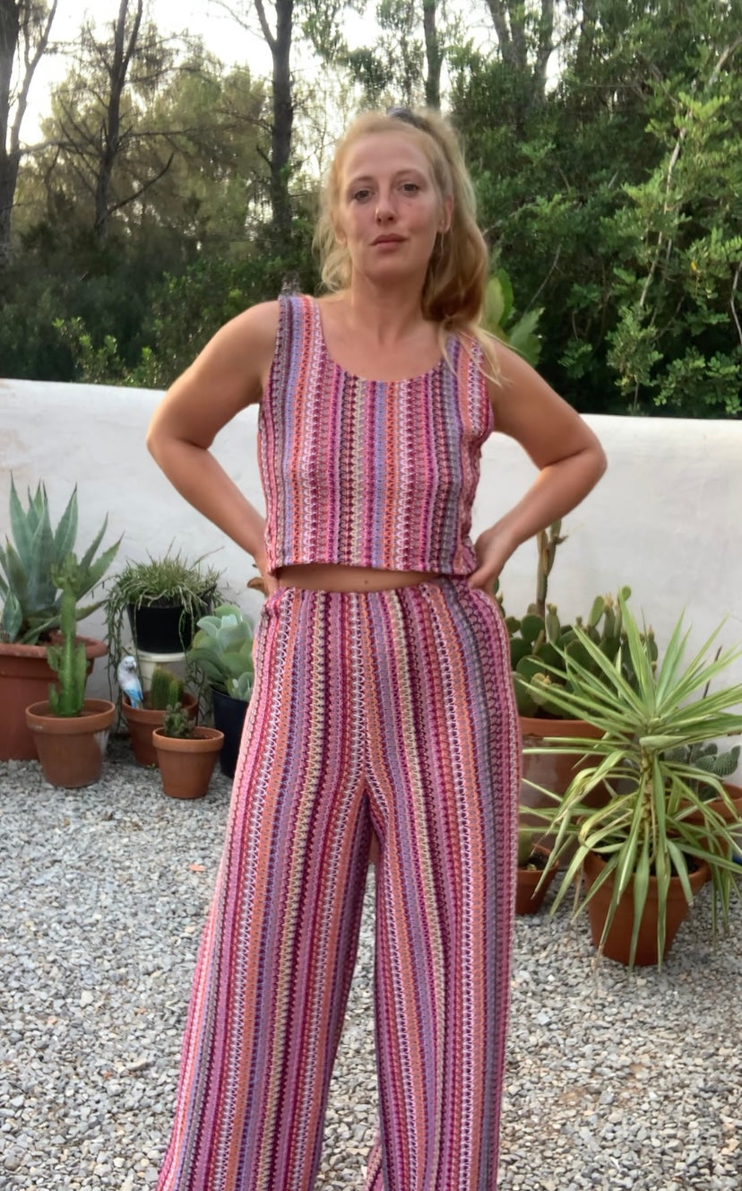 Up-cycled vintage machine knitted 2 piece set wide leg pants and top set made by Vagabond Ibiza