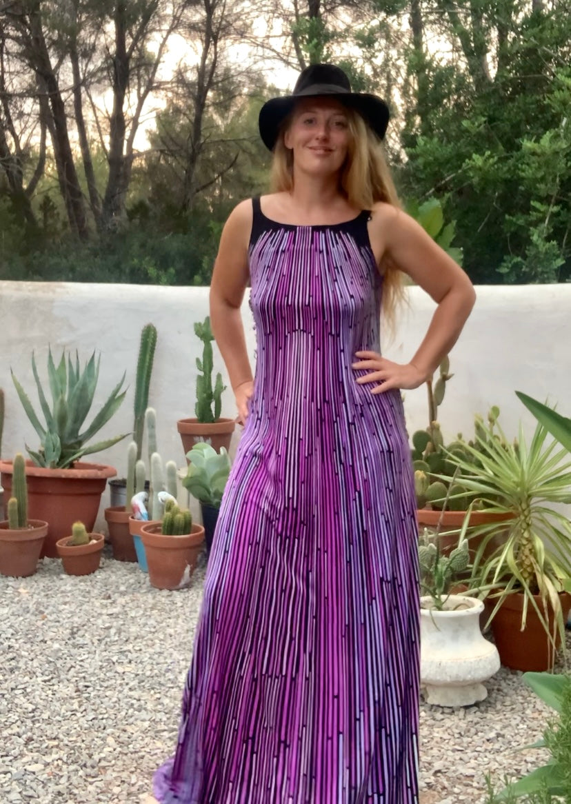 Original vintage 1970’s black and purple striped geometric design maxi dress