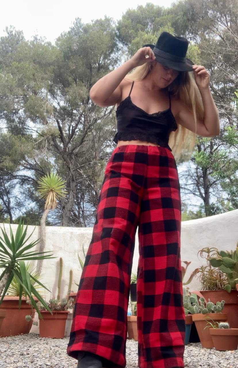 Red and black check vintage dead stock fabric Wide leg pants made by Vagabond Ibiza