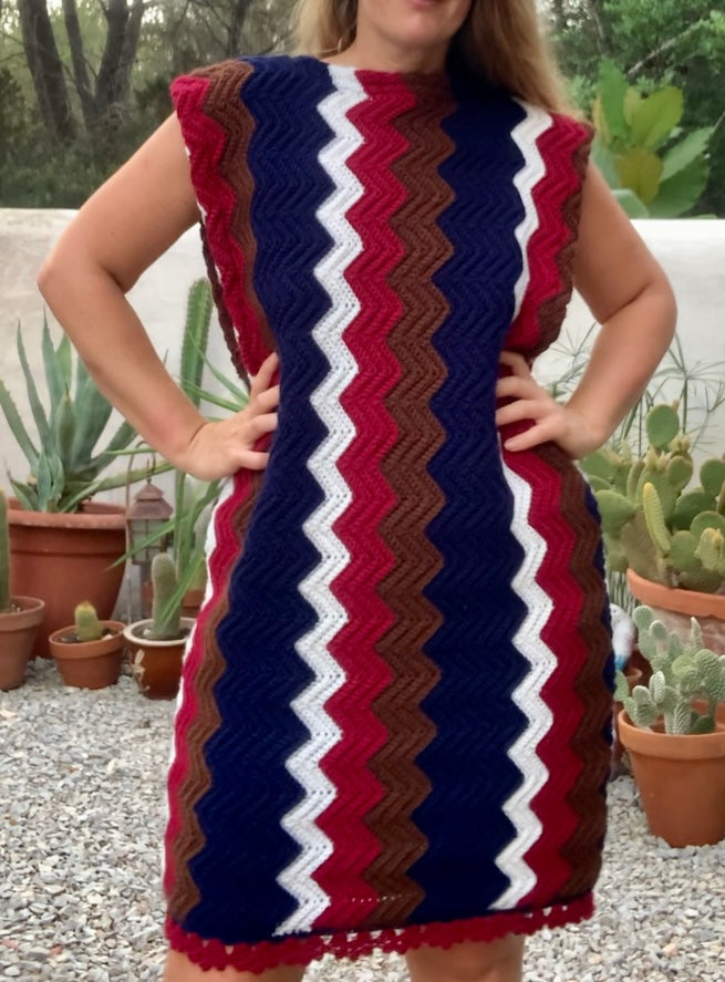 vintage wool and cotton hand made crochet jumper dress with short sleeves and zig zag design