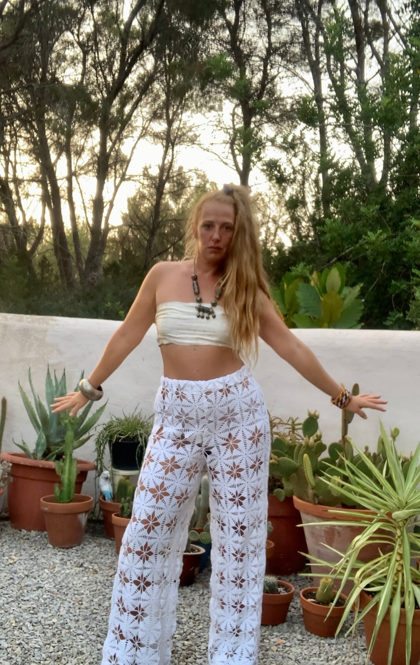 Vintage hand made crochet textiles up-cycled wide leg trousers by Vagabond Ibiza