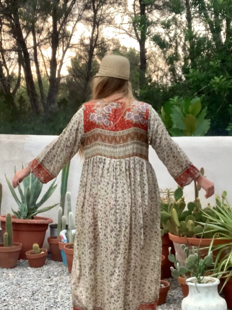 Vintage Indian sari dress cream with blue and orange floral print up-cycled by Vagabond Ibiza