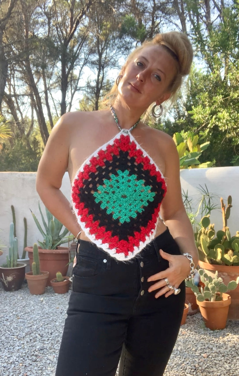 Vintage wool oversized granny square wool tie tops perfect for festivals party and summer time wear over a white shirt in winter