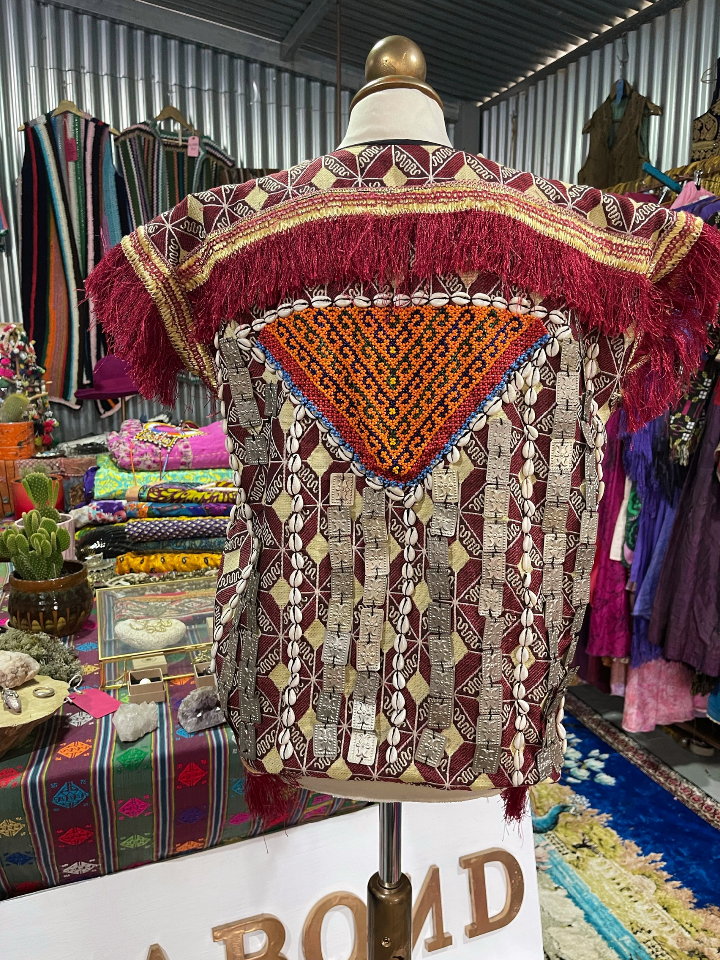 Amazing Embroidered Vintage Uzbekistan waistcoat with shell and metal beaded detail