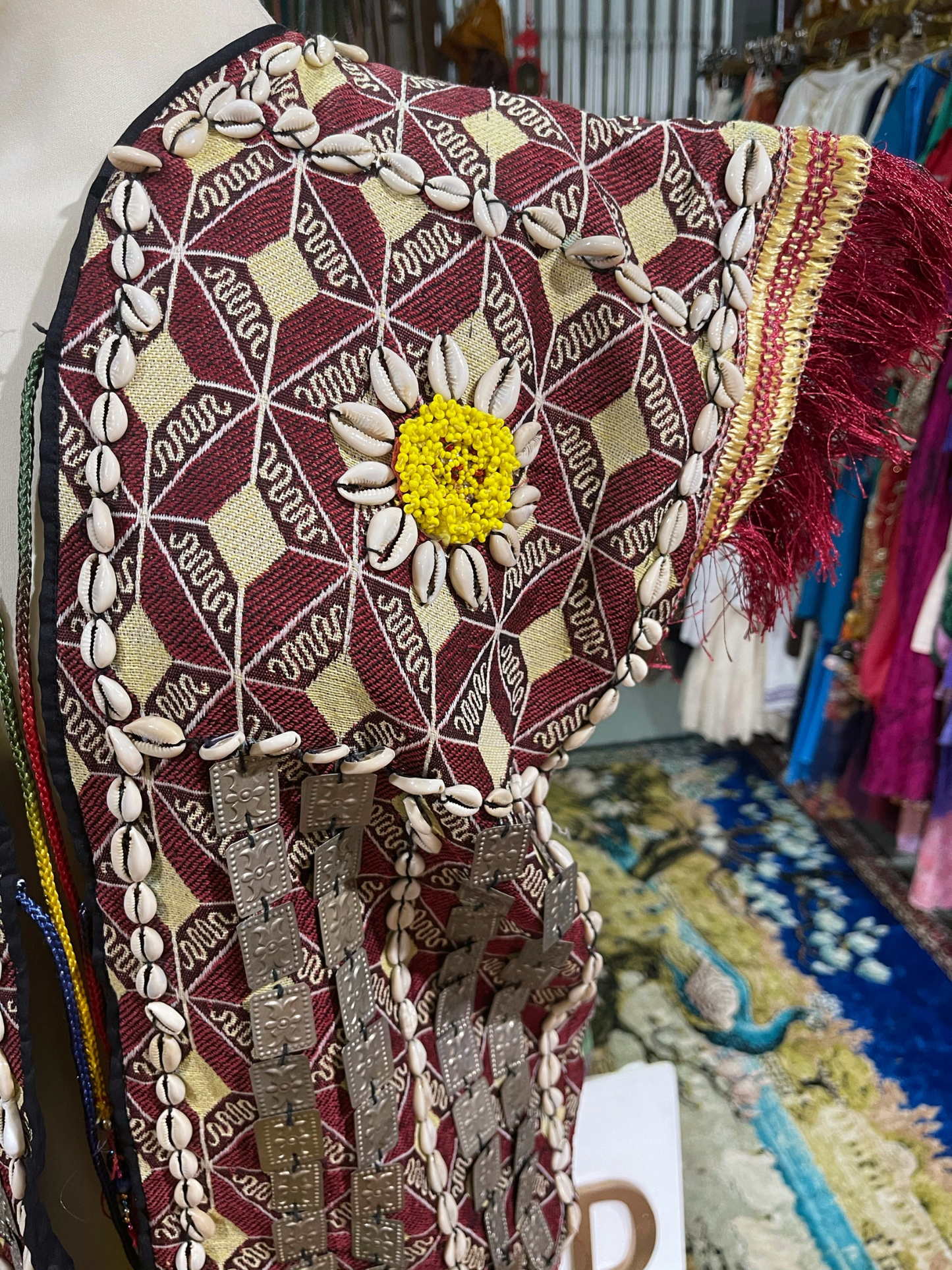 Amazing Embroidered Vintage Uzbekistan waistcoat with shell and metal beaded detail