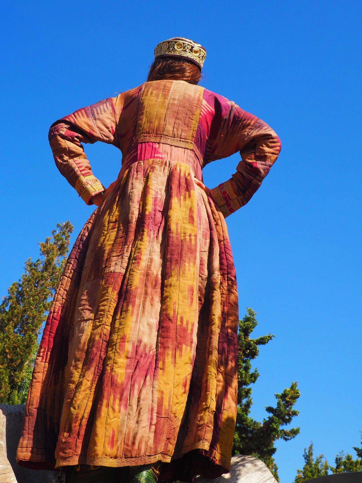 Antique Pure silk Uzbekistan Ikat dress with embroidery