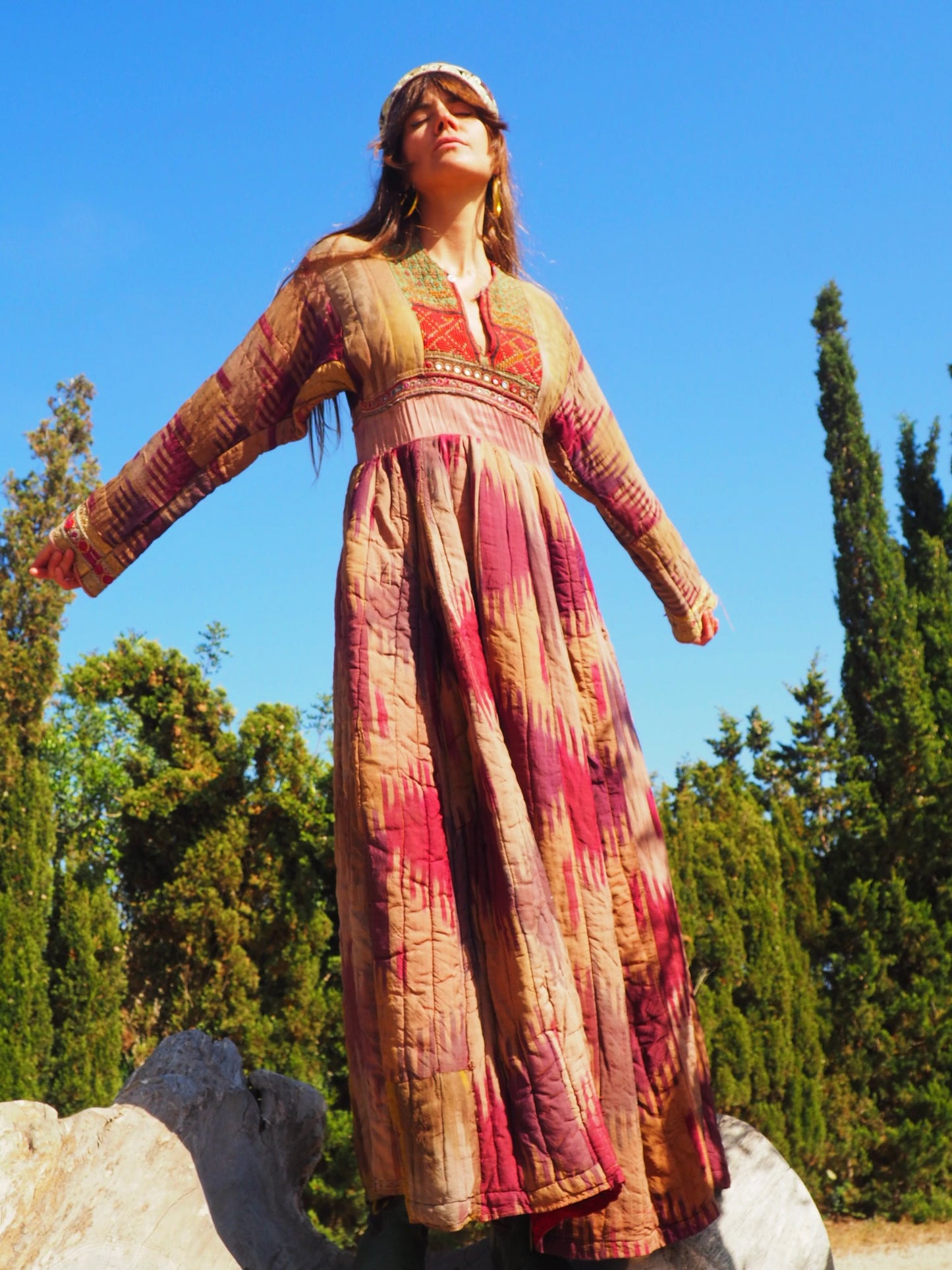 Antique Pure silk Uzbekistan Ikat dress with embroidery