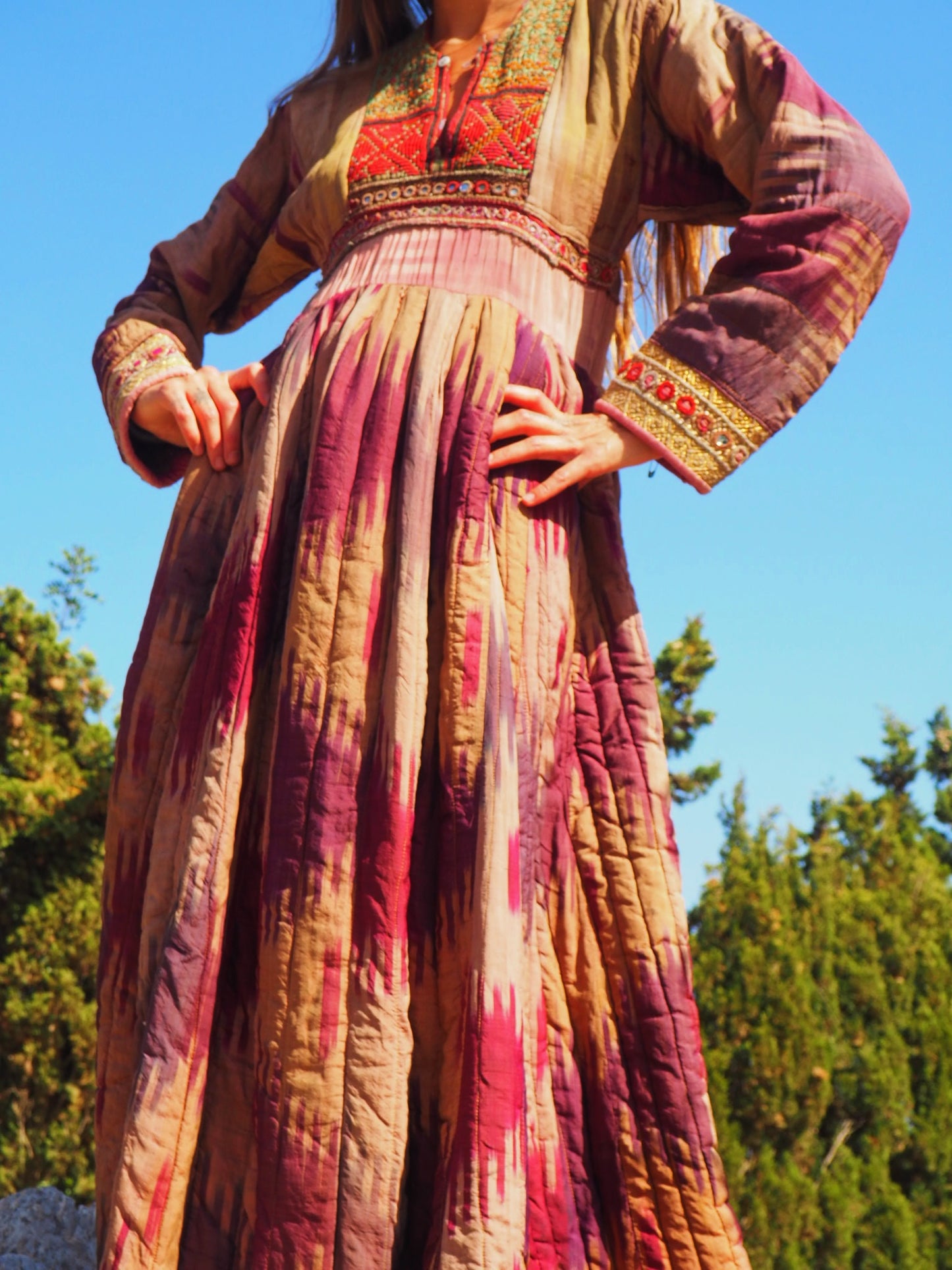 Antique Pure silk Uzbekistan Ikat dress with embroidery