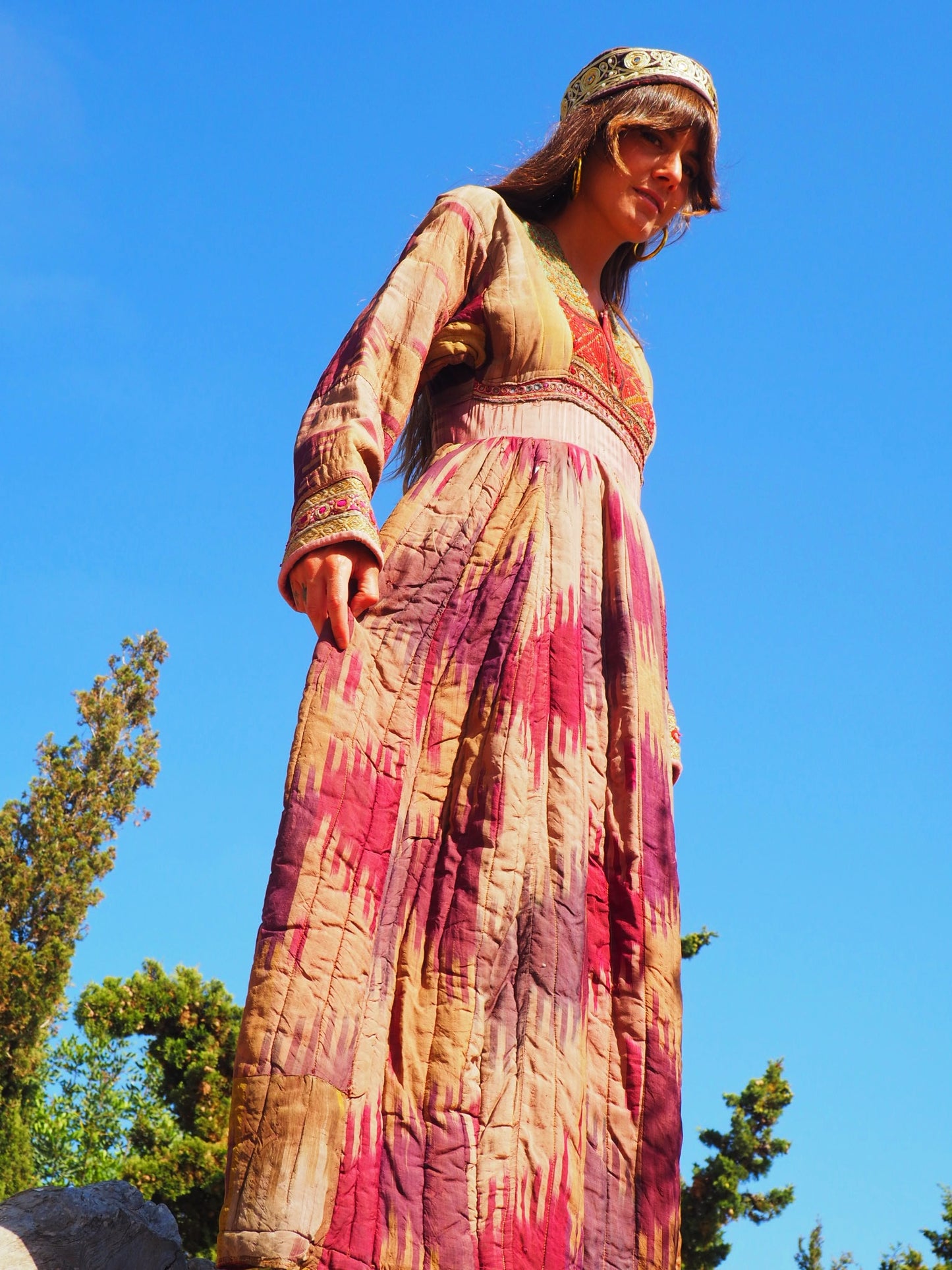 Antique Pure silk Uzbekistan Ikat dress with embroidery