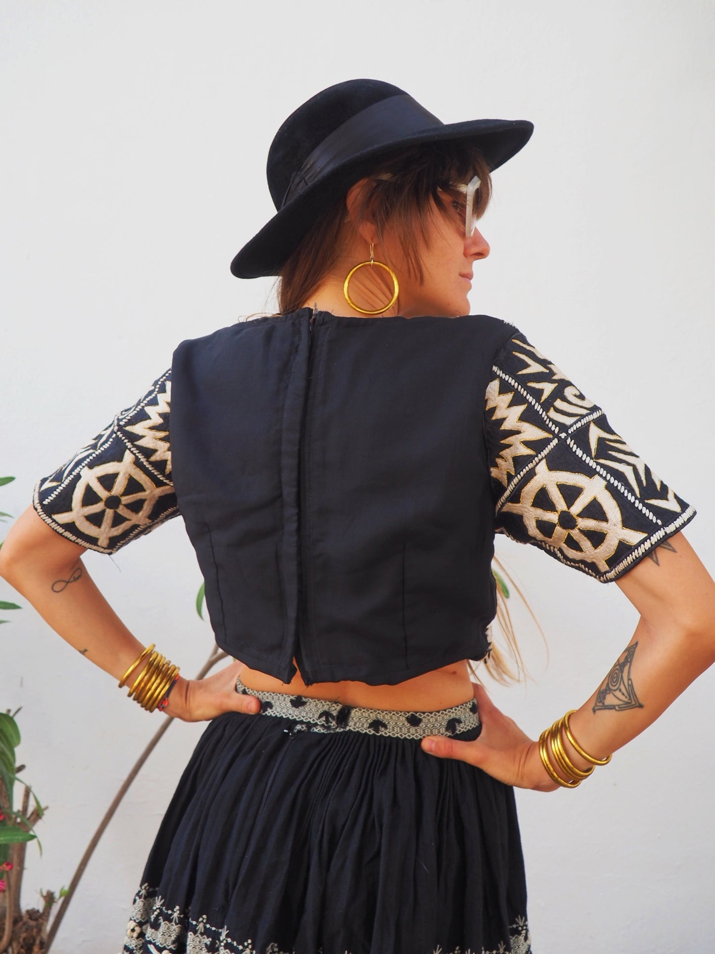 Indian black and white embroidered crop top with sleeves