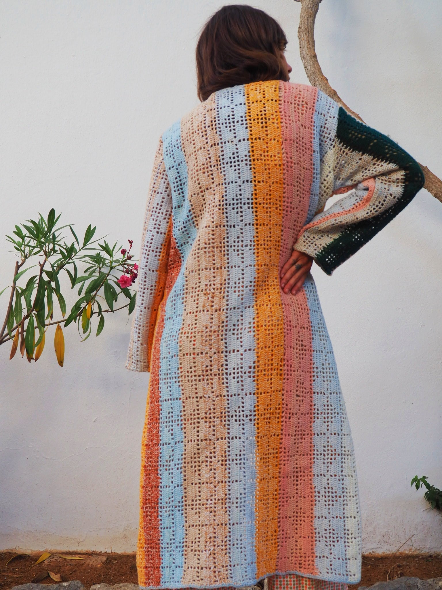 colourful waistcoat, Vintage Crochet Jacket, up cycled jacket , handmade jacket, striped jacket , vintage jacket, 1970s jacket , long waistcoat, slow fashion , sustainable fashion, vintage shop, ibiza vintage shop, ibiza style, bohemian jacket, boho jacket, colourful jacket, festival jacket, hippie style, 70s clothing, original vintage, recycled fashion brand, sustainable fashion brand, slow fashion brand, rainbow fashion, knitted jacket, woven jacket, winter jacket