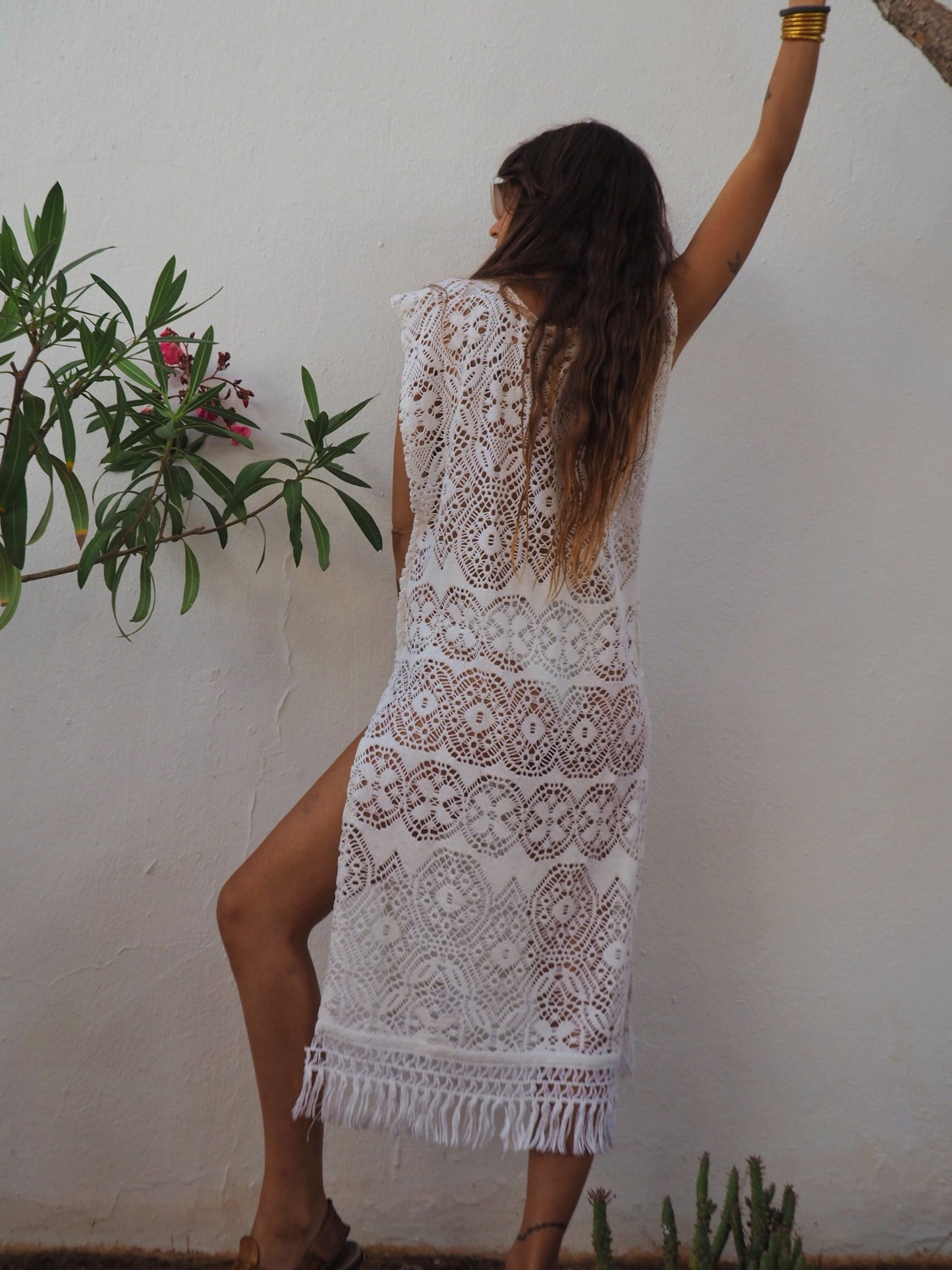 White vintage lace crochet dress up-cycled by Vagabond Ibiza