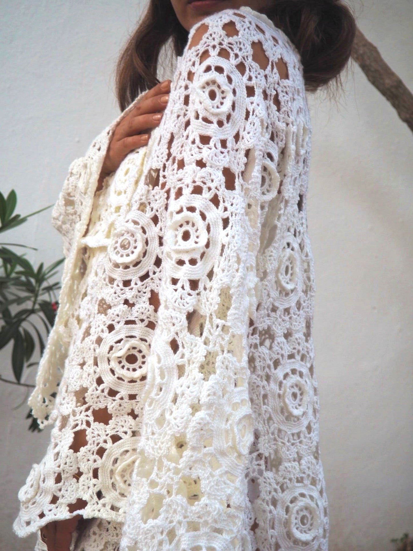 Off white 1960’s hand made crochet lace dress with bell sleeves