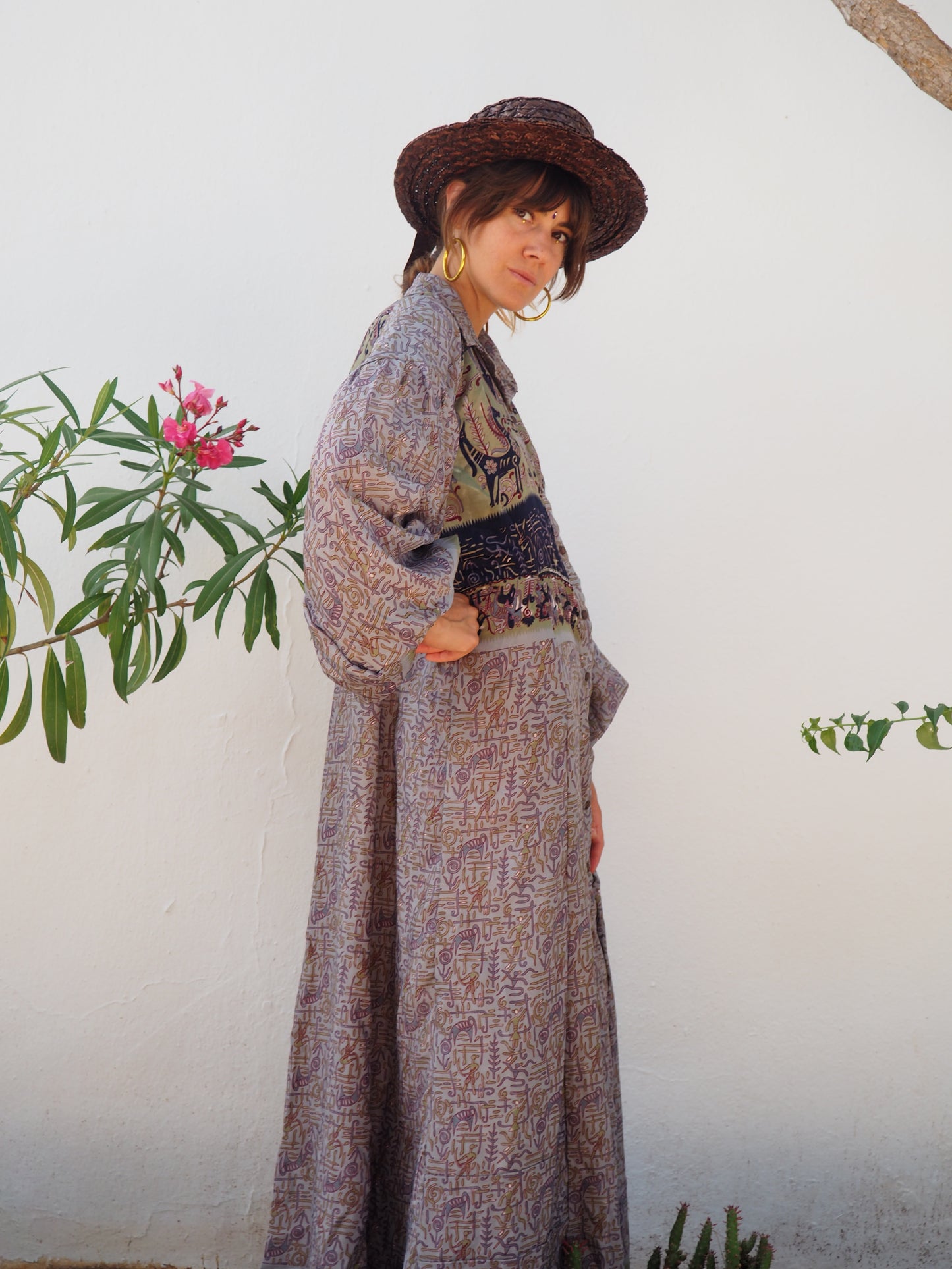 vintage textiles, sari kimono, sari dress, up cycled Indian, bohemian dress, bohemian kimono, kaftan, recycled sari, recycled dress, vintage dress, vintage kimono, slow fashion brand, sustainable fashion brand, up-cycled fashion brand, vintage shop, boho vintage, boho dress, vintage ibiza, recycled fashion brand, floral dress, ethical fashion, up-cycled dress, shop vintage dresses, long sleeve maxi dress, boho maxi dress, puff sleeve maxi dress, oversized sleeves